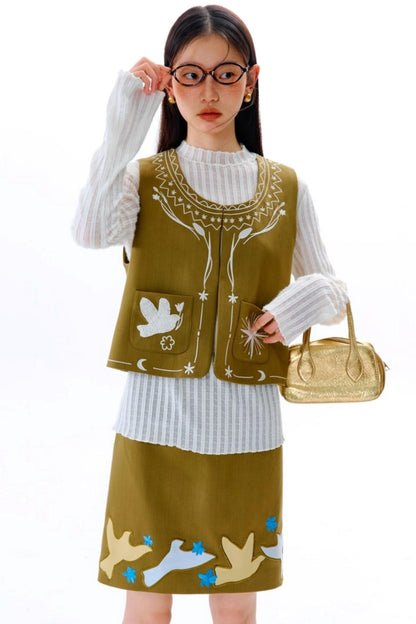 Bright Star Vintage Bird Embroidery Wool Jacket Set-Up