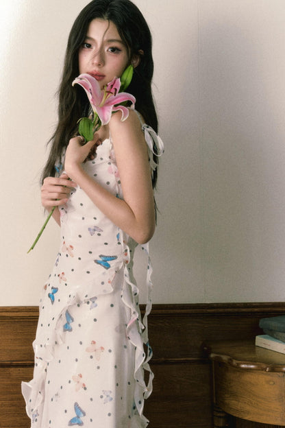 Butterfly Floral Halter Chiffon Maxi Dress