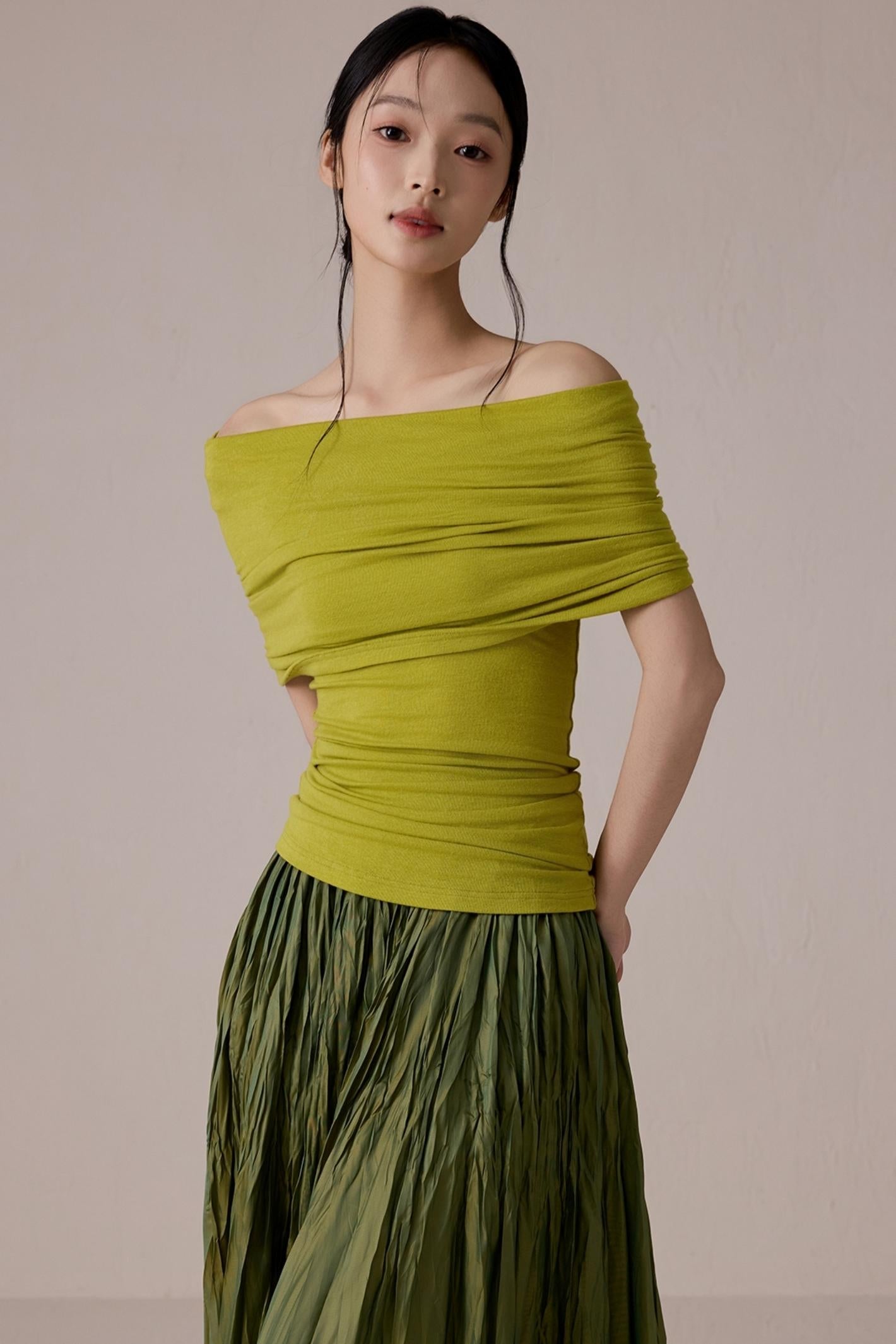 Green One-Shoulder Knit Top