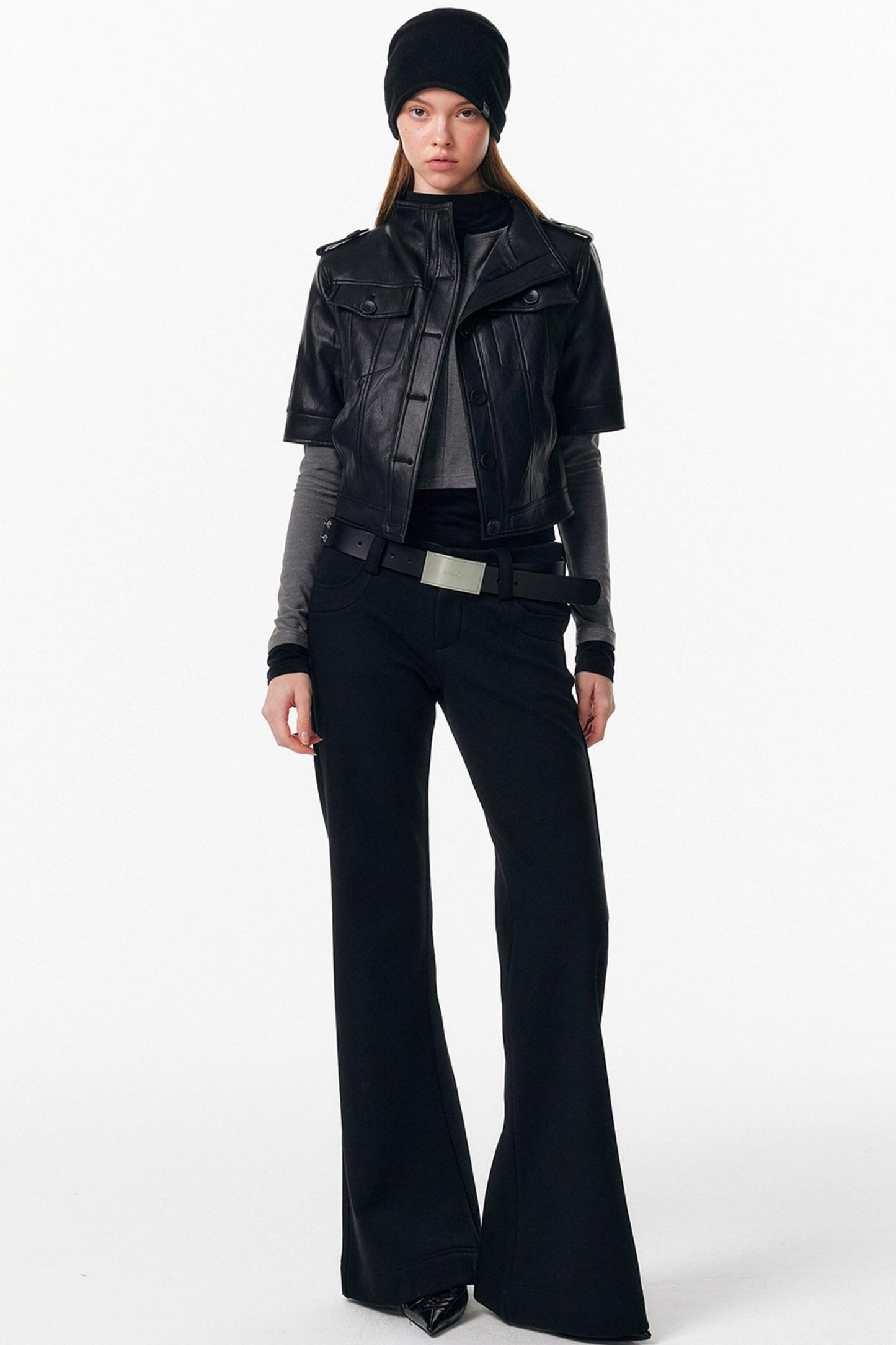 Leather Mid-Sleeve Slim Jacket