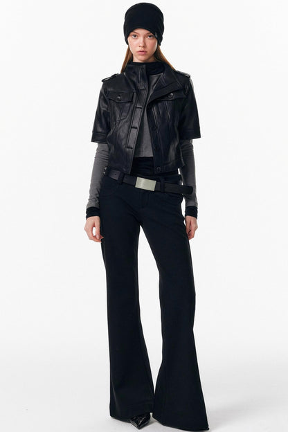 Leather Mid-Sleeve Slim Jacket