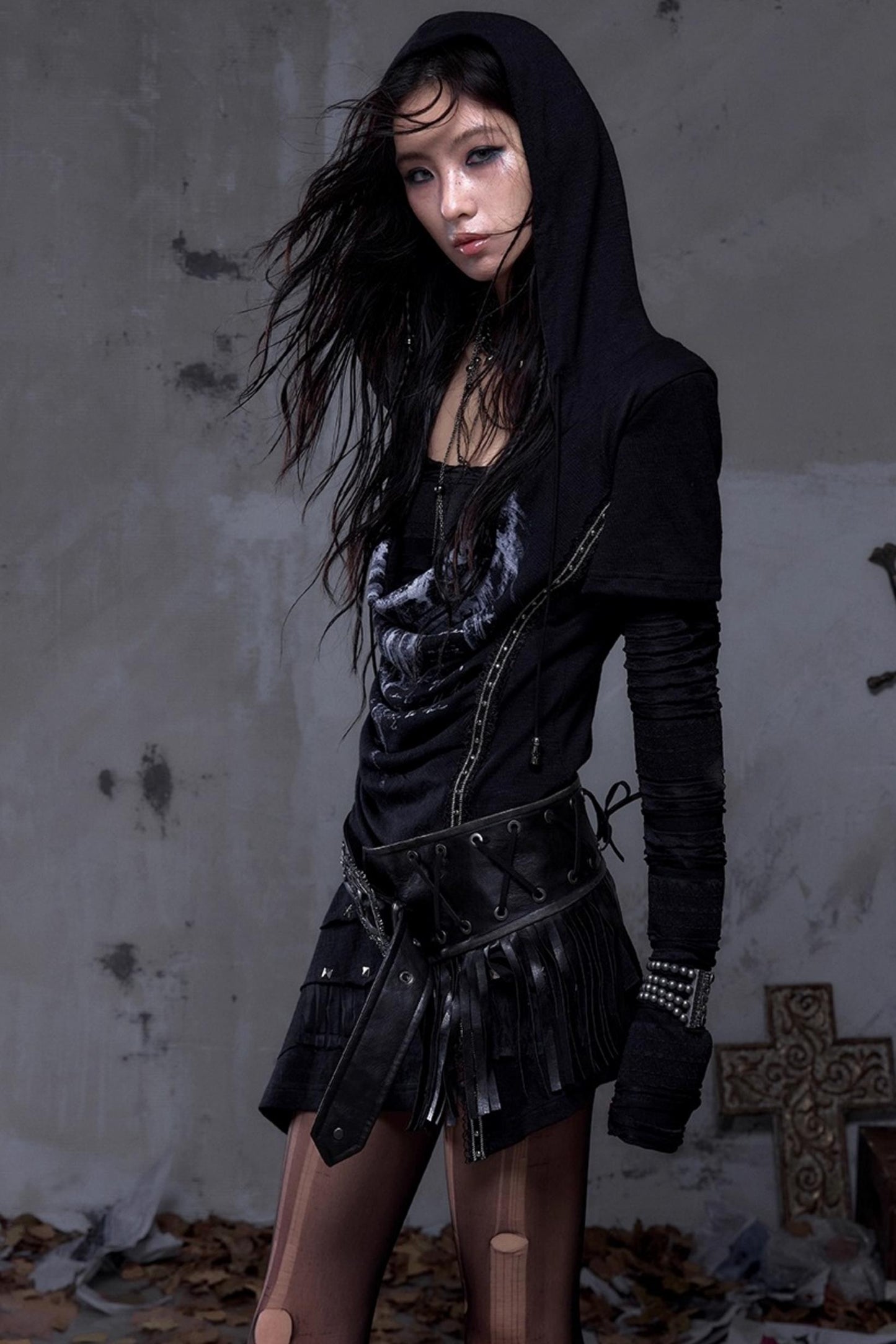 Rock Swing Collar Print Long Sleeve Dress