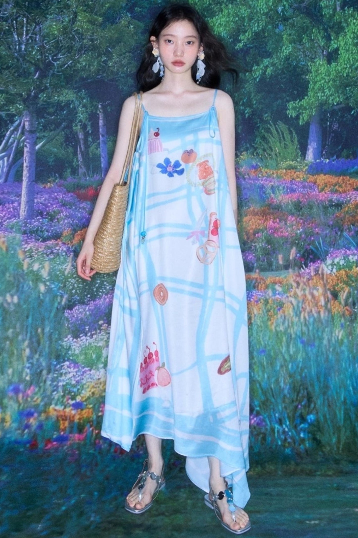 Bread Print Plaid Satin Slip Dress Set-Up