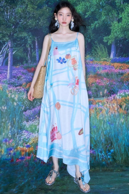 Bread Print Plaid Satin Slip Dress Set-Up