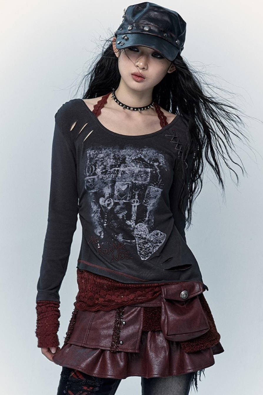 Punk Lace Print Round Neck Top