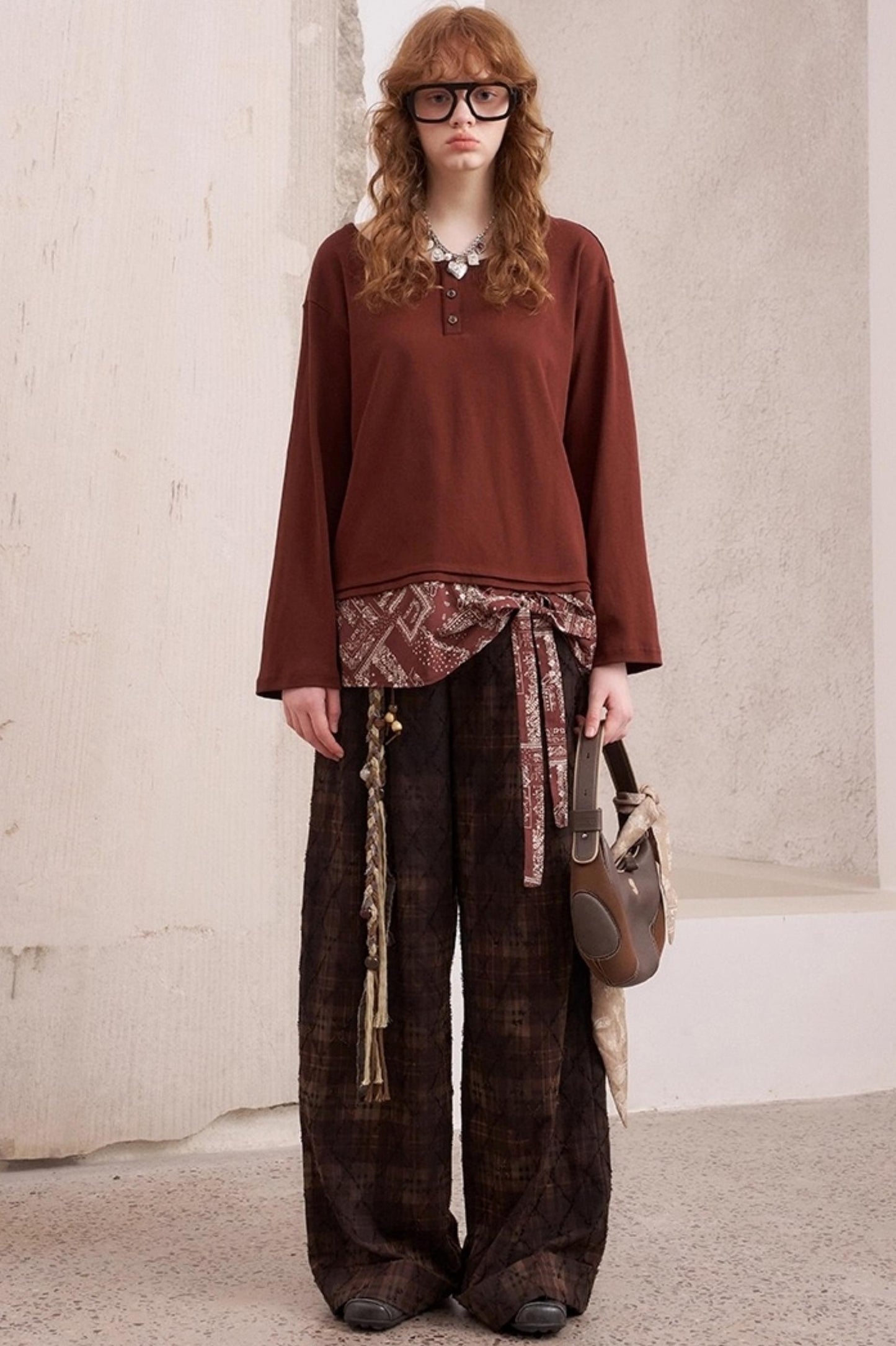 Textured Loose Plaid Trousers