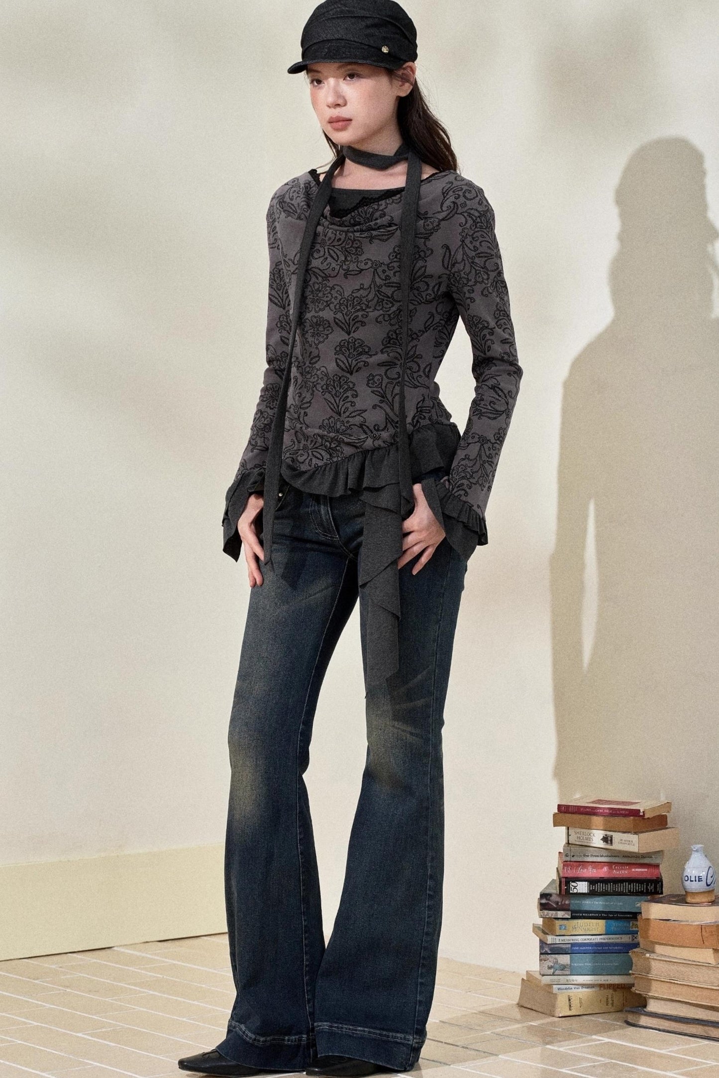 Swing Collar Ruffled Floral Lace Top