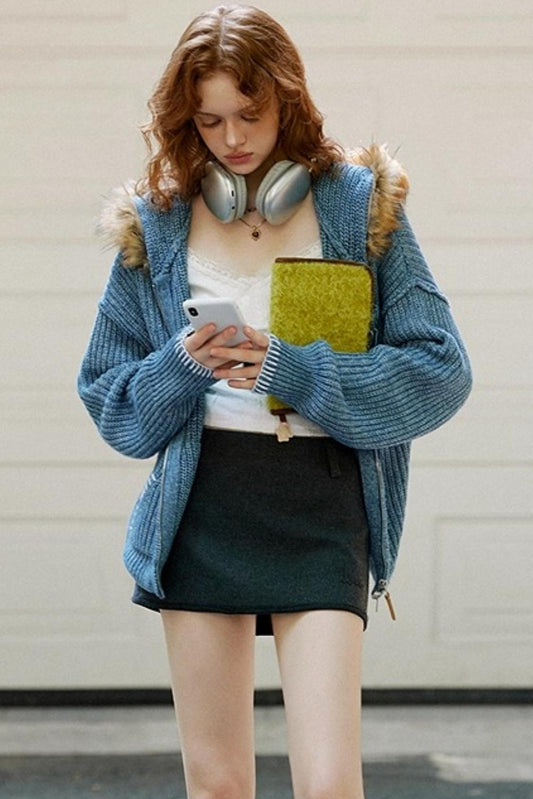 Fur Collar Cable Knit Cardigan