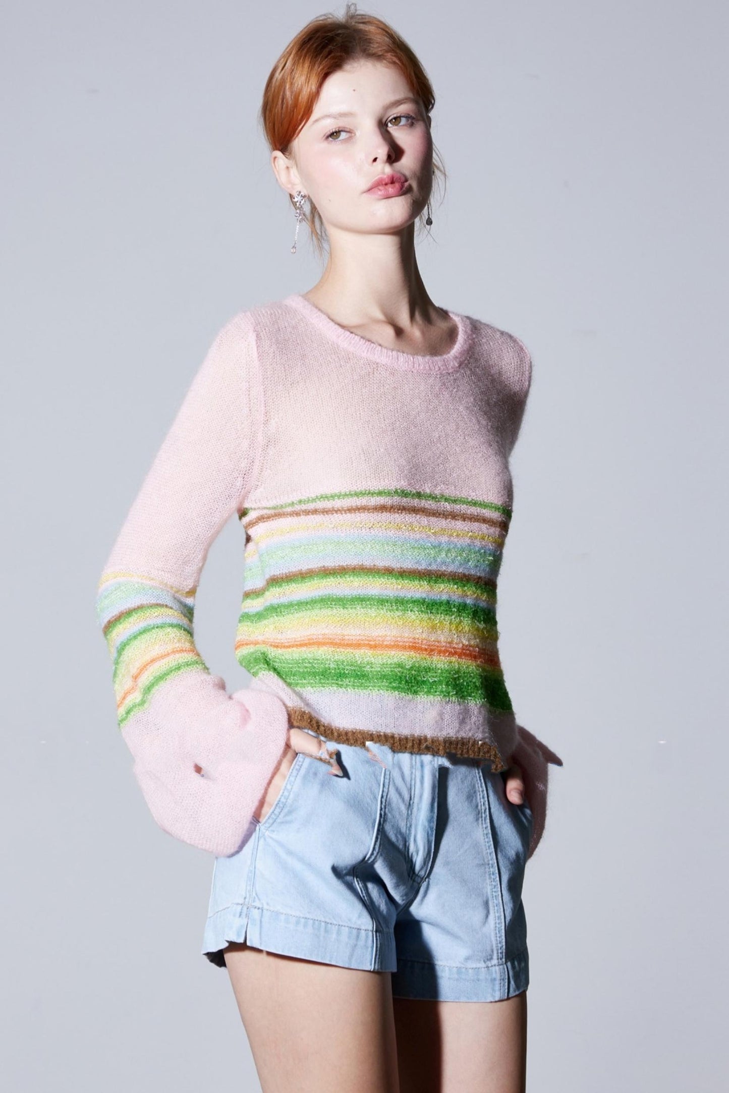 Mohair Silky Wool Rainbow Lantern Sleeve Sweater