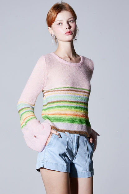 Mohair Silky Wool Rainbow Lantern Sleeve Sweater