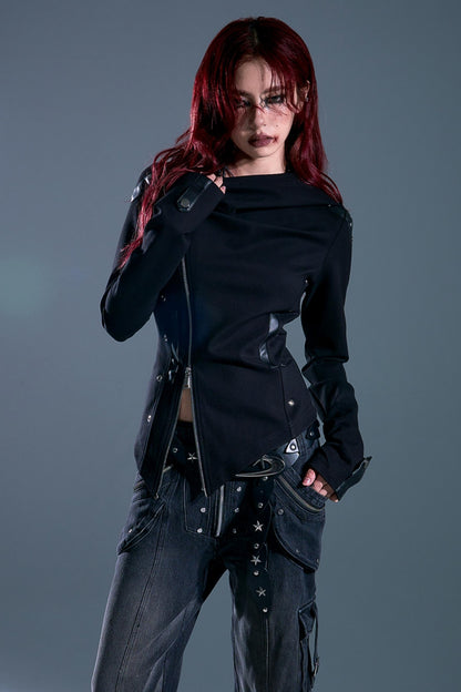 Hooded Asymmetrical Zip Knit Top