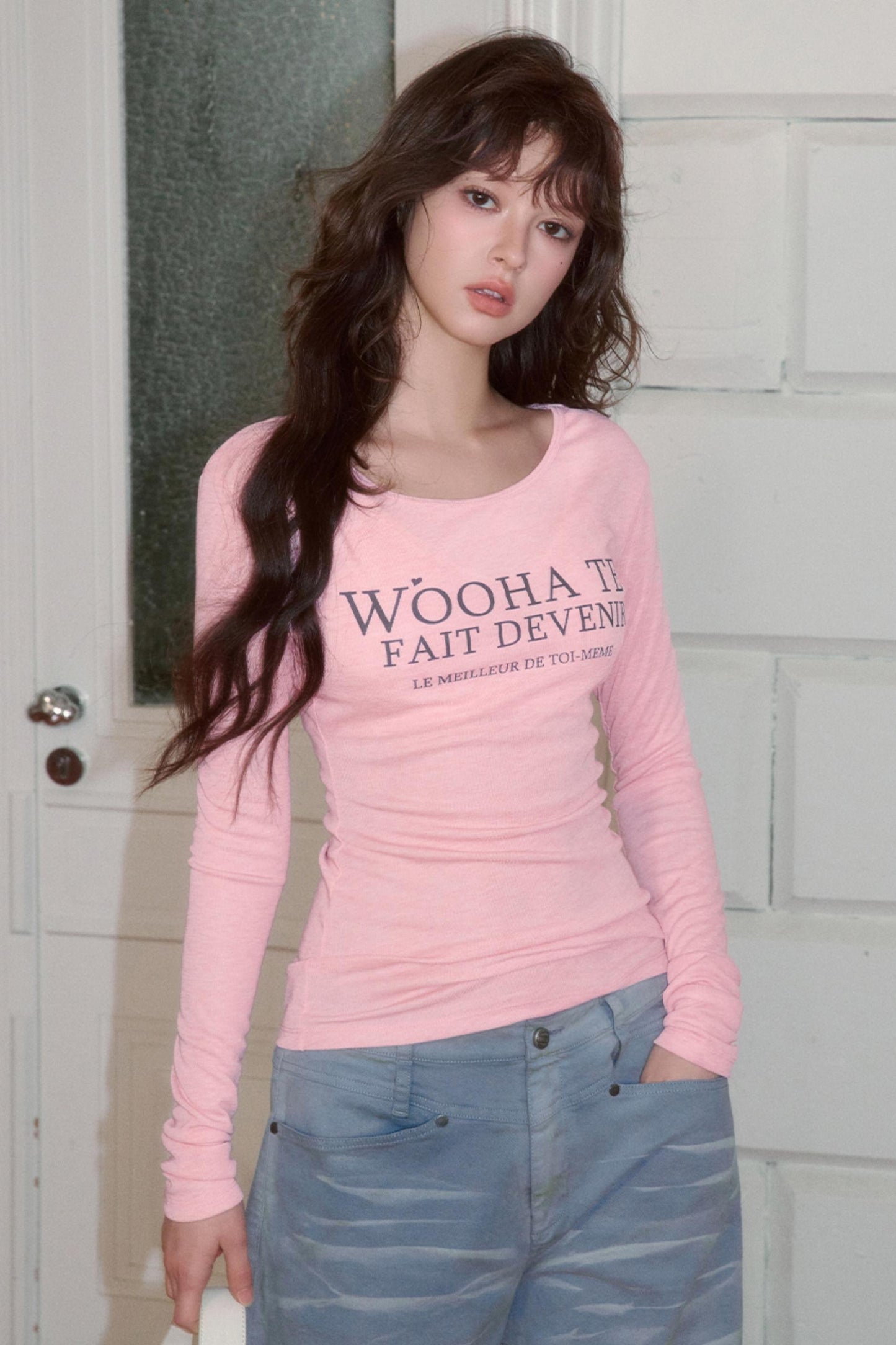 Letter Print Long Sleeve Slim Top