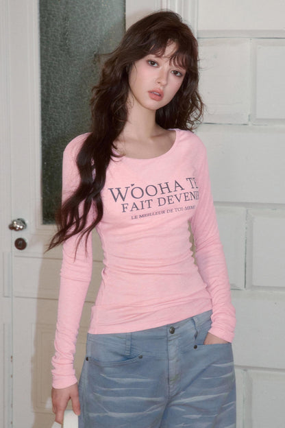 Letter Print Long Sleeve Slim Top