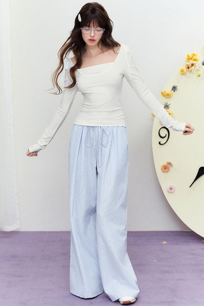 Korean Slim Tie Shoulder Top