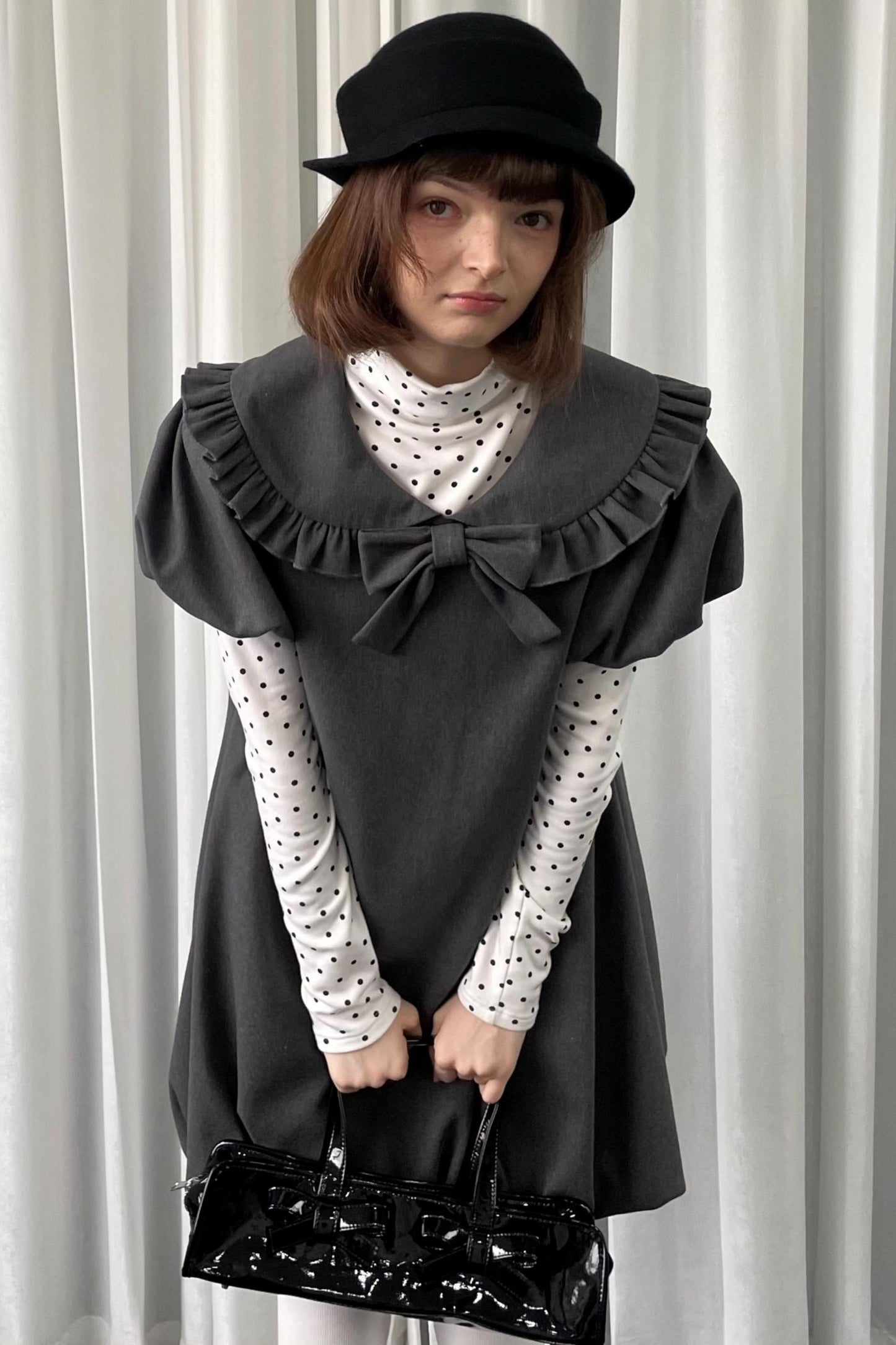 Gray Tweed Bow Lace Puff Sleeve Dress