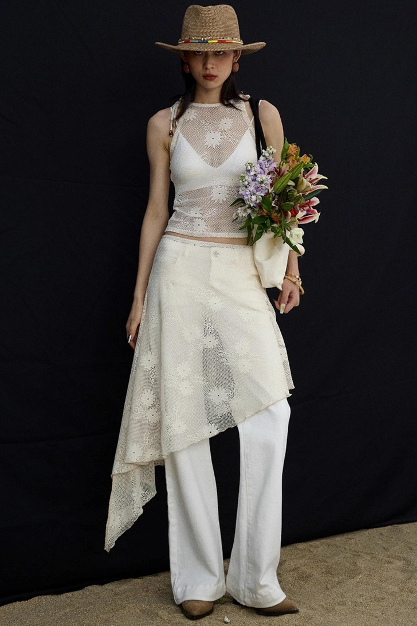 Jacquard Lace-Up Layered Skirt Set-Up