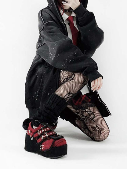 Y2K Black Rabbit Plaid Platform Shoes