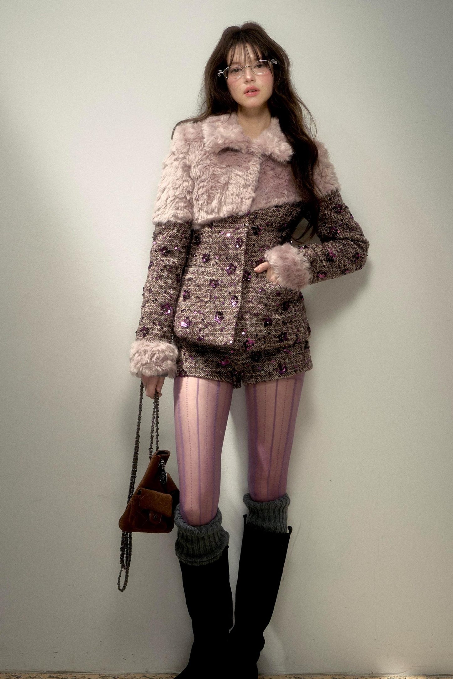 Retro Chic Purple Sequin Tweed Suit Set-Up