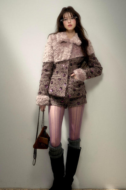 Retro Chic Purple Sequin Tweed Suit Set-Up