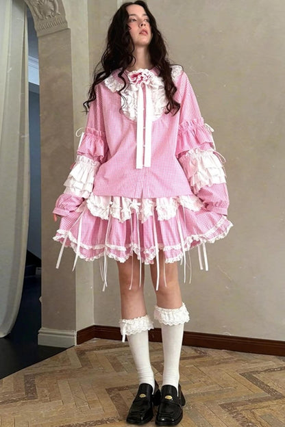 Pink-White Plaid Lace Shirt