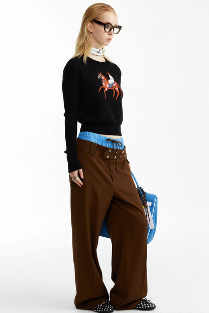 Blue and Brown Contrast Belt Decorative Pants