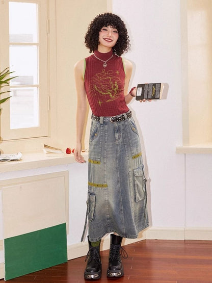 Workwear denim mid-length bustier skirts