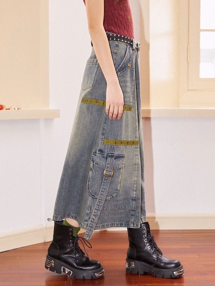 Workwear denim mid-length bustier skirts