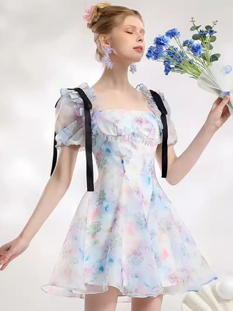 Bow fluttering floral dress