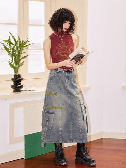 Workwear denim mid-length bustier skirts