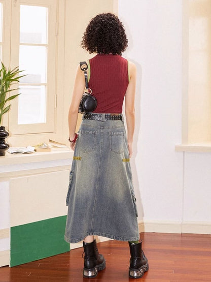 Workwear denim mid-length bustier skirts