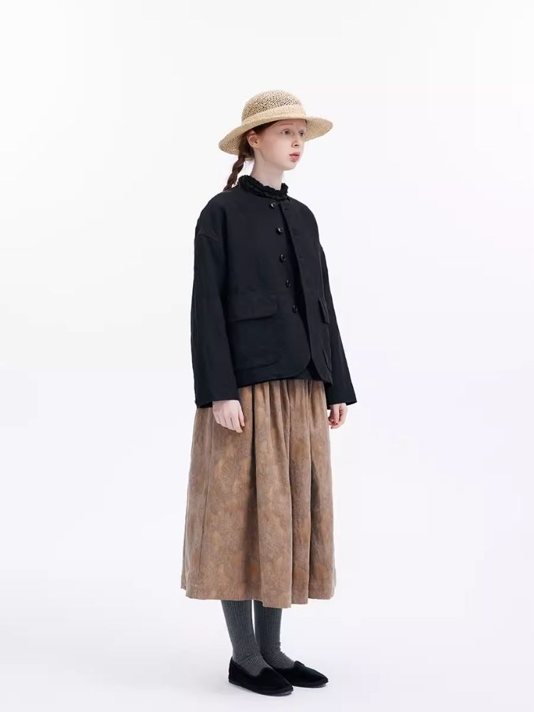 Dark jacquard khaki cotton linen half skirt