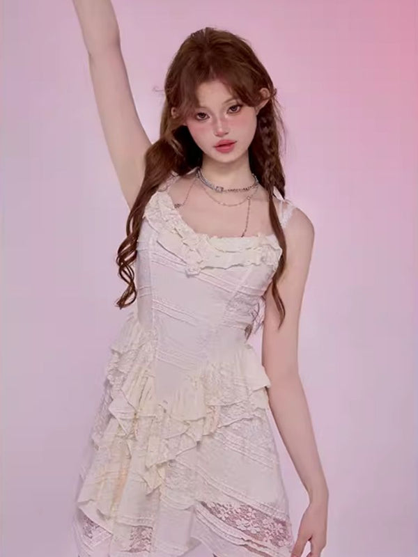 Lace Irregular Ruffle Halter Dress