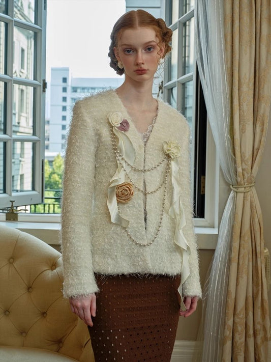 White Fur Flower Short Jacket