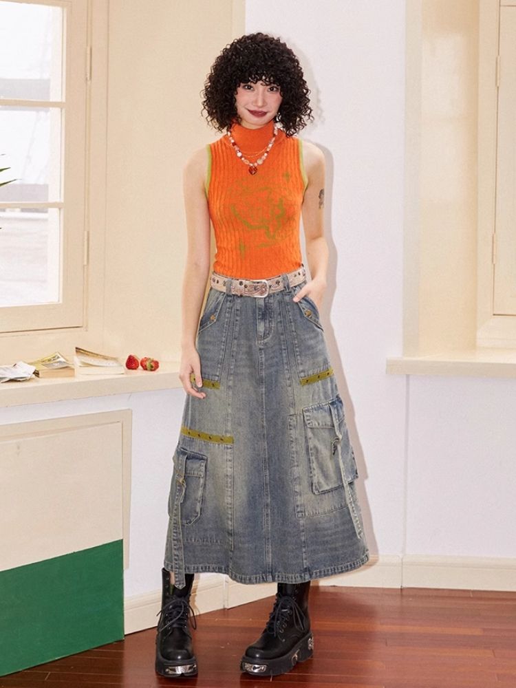 Workwear denim mid-length bustier skirts