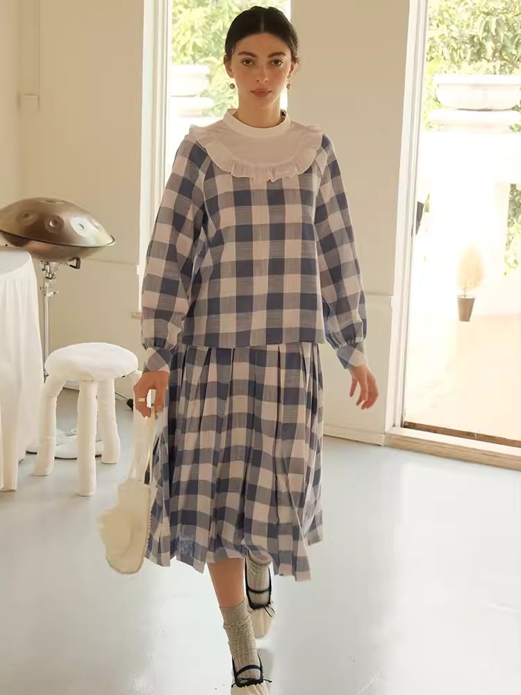 Standing Collar Check Linen Cotton Shirt/Pleated Skirt Set