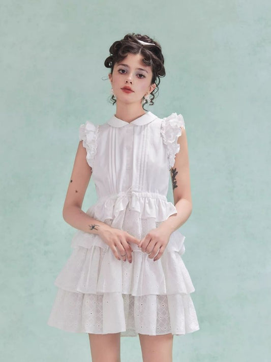 Fly Sleeve Patchwork Lace Bow Cake Tank Dress