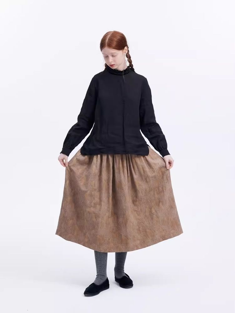 Dark jacquard khaki cotton linen half skirt