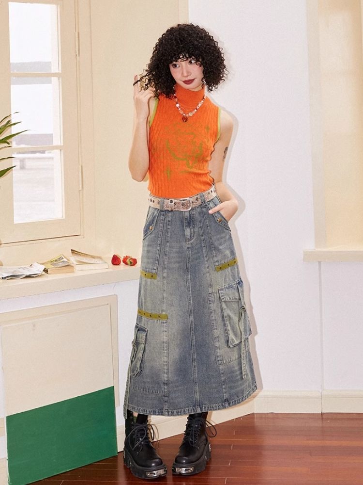 Workwear denim mid-length bustier skirts