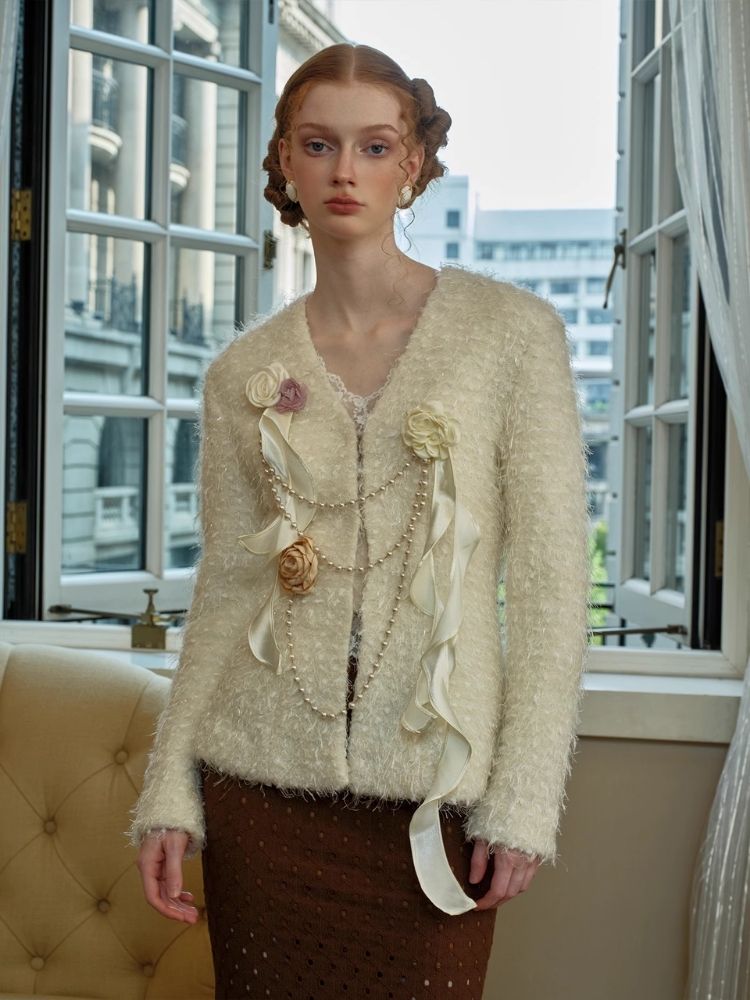 White Fur Flower Short Jacket