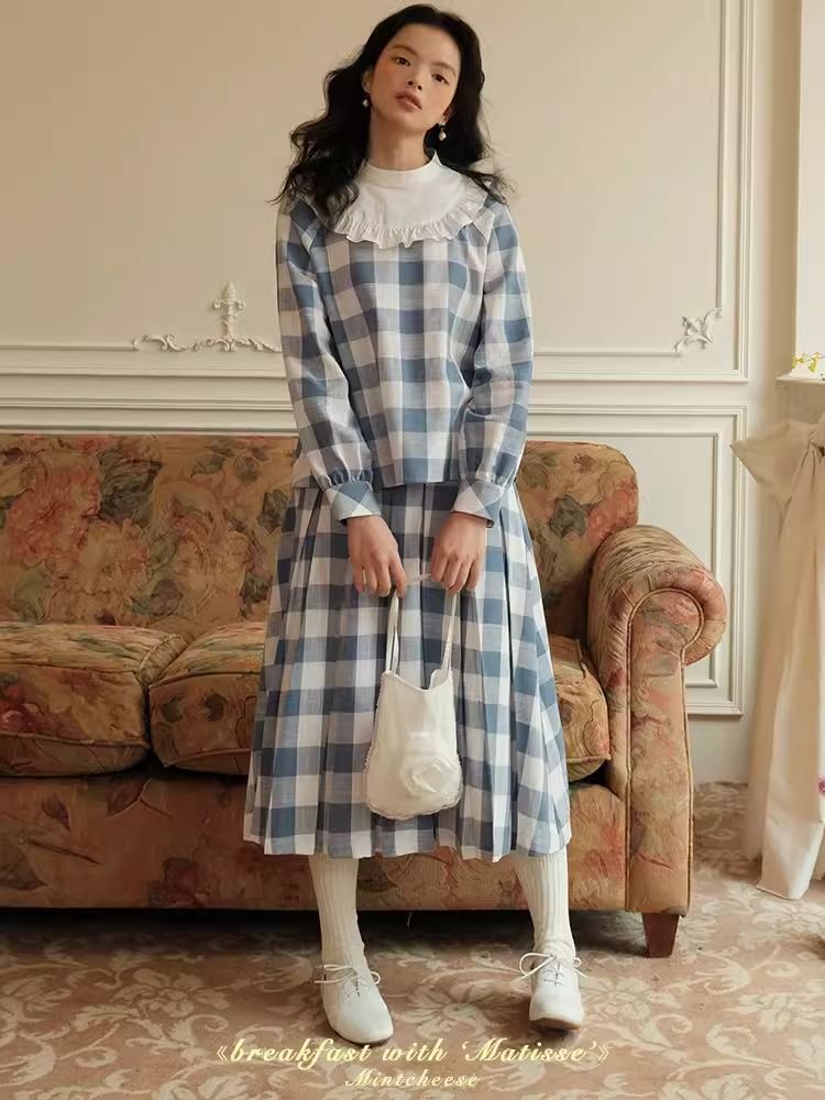 Standing Collar Check Linen Cotton Shirt/Pleated Skirt Set