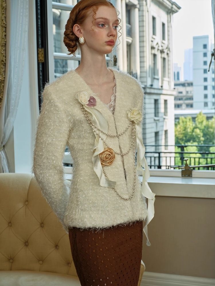 White Fur Flower Short Jacket