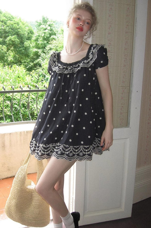 Nursery Blue Embroidered Puff Sleeve Dress