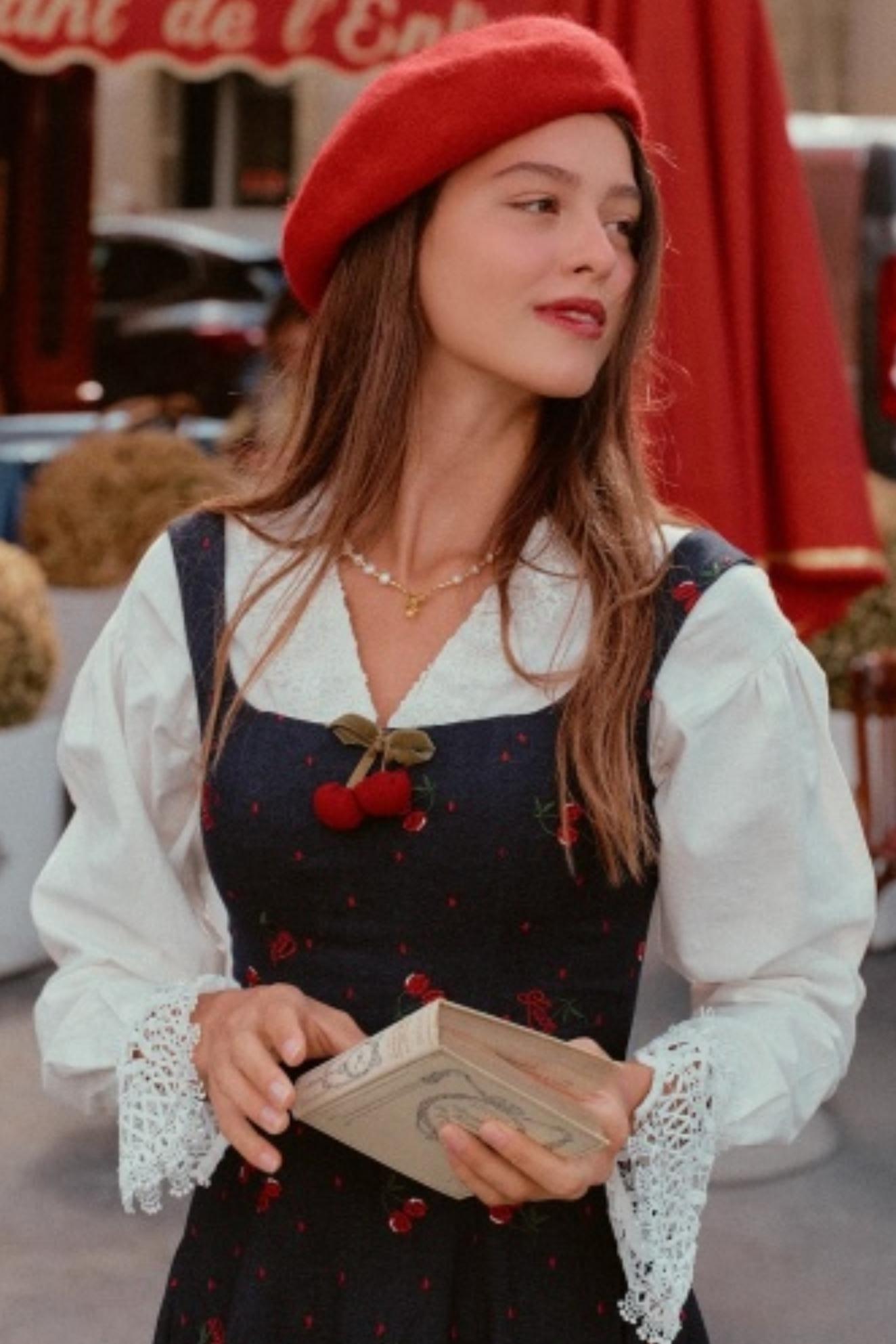 Cherry Lace Embroidered Denim Dress Set-Up