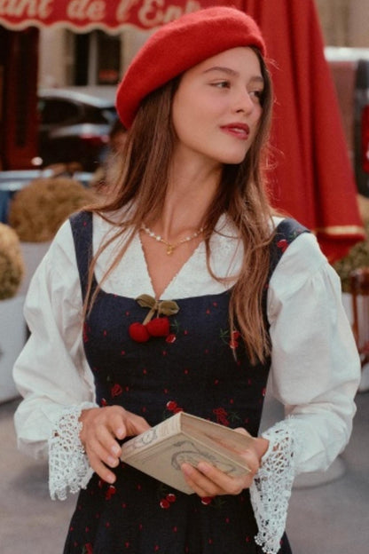 Cherry Lace Embroidered Denim Dress Set-Up