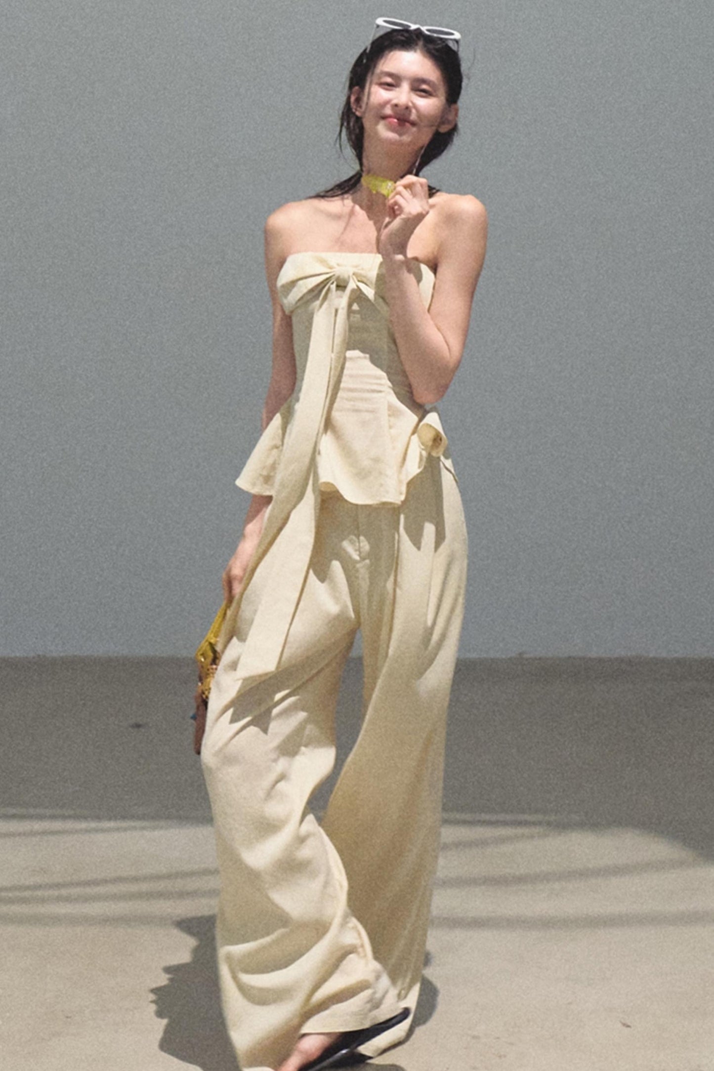 Eternal River Linen Bandeau Top & Wide-Leg Trousers Set-Up