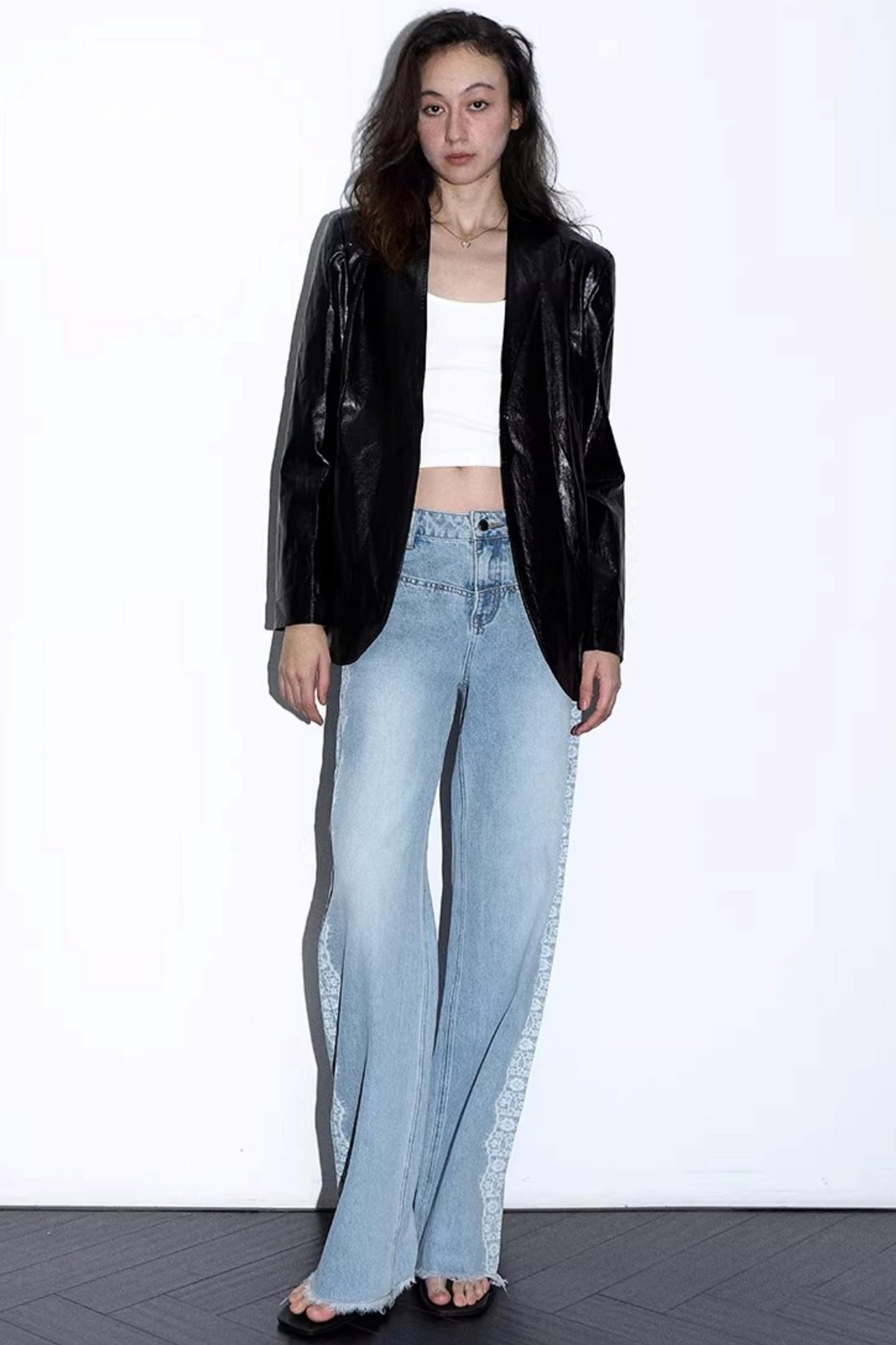 Lace Print Raw Hem Jeans