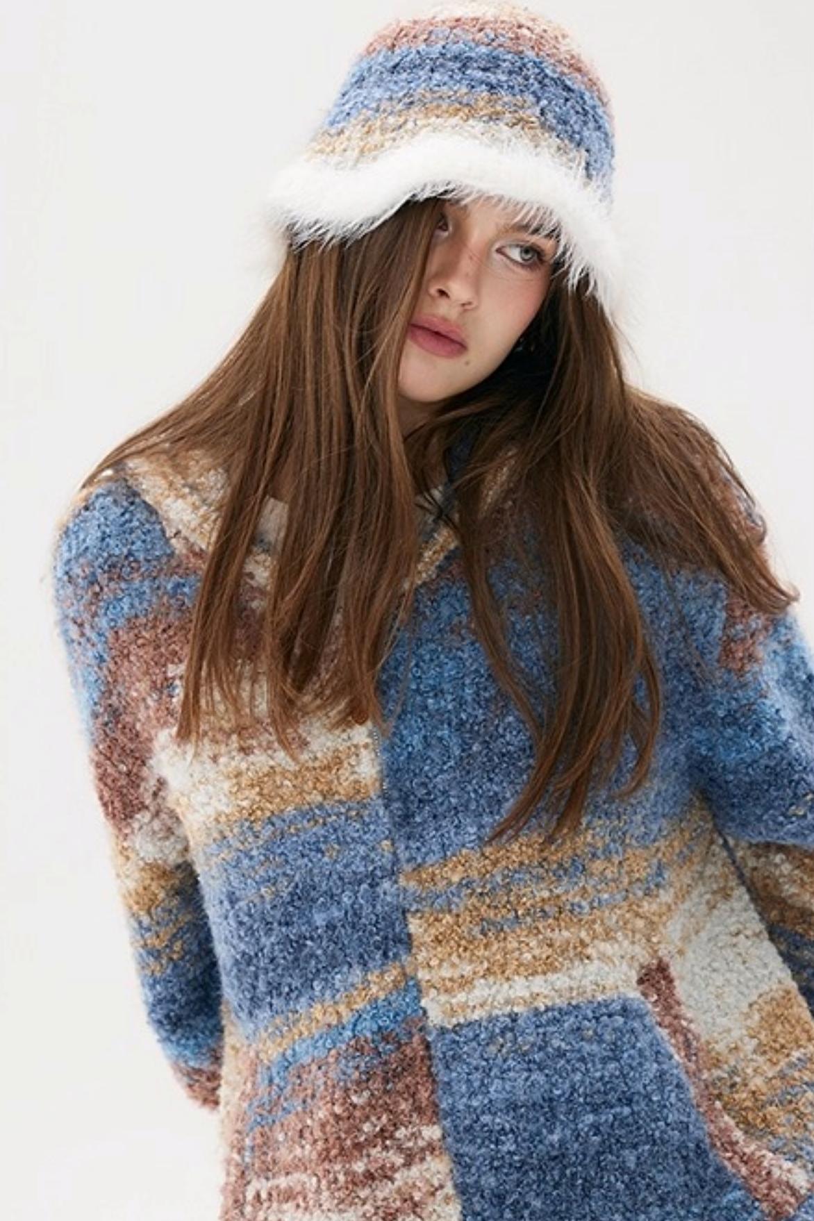 Blue Gradient Hooded Wool Cardigan