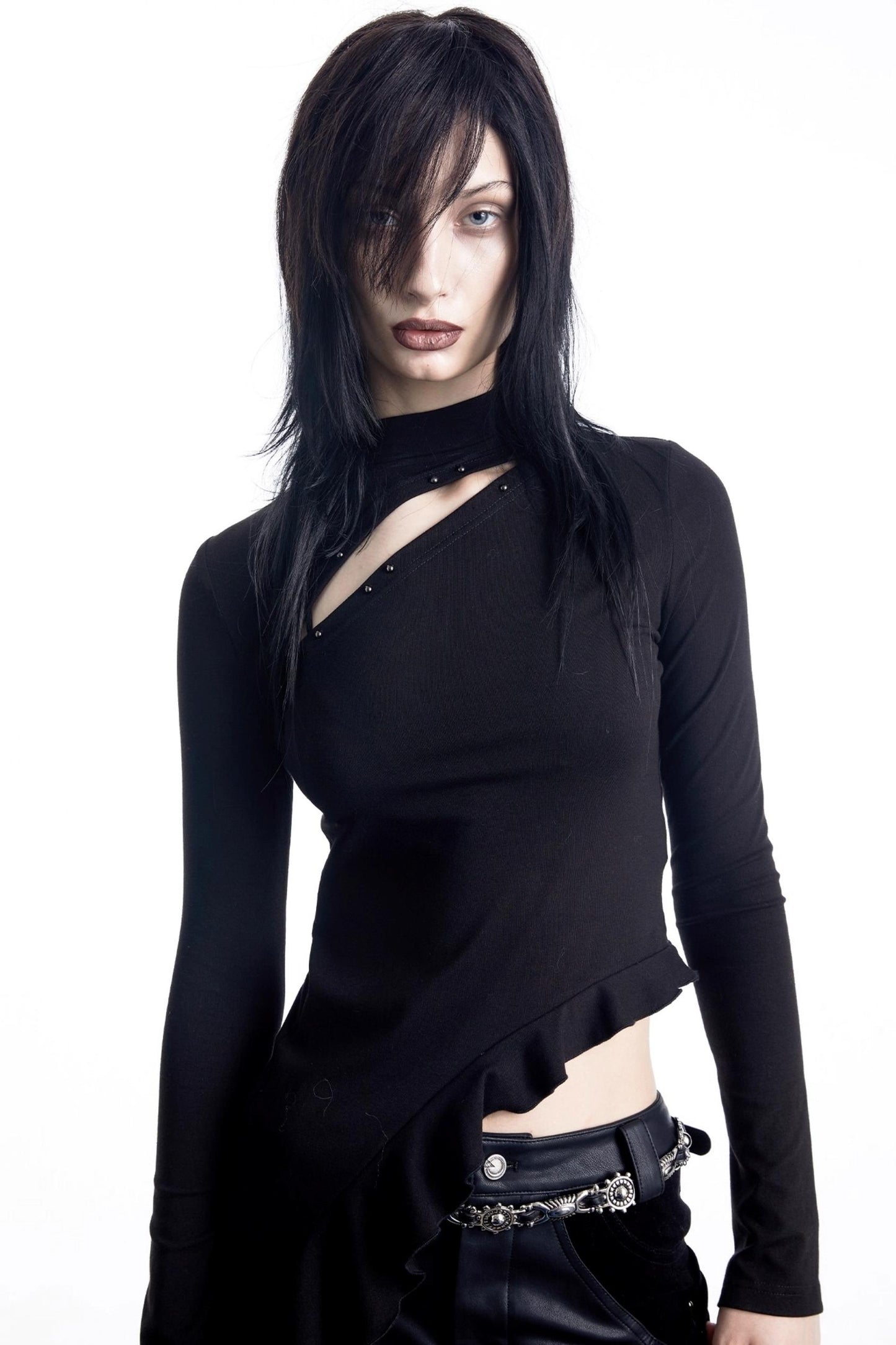 Openwork Rivet Ruffled Knit Top