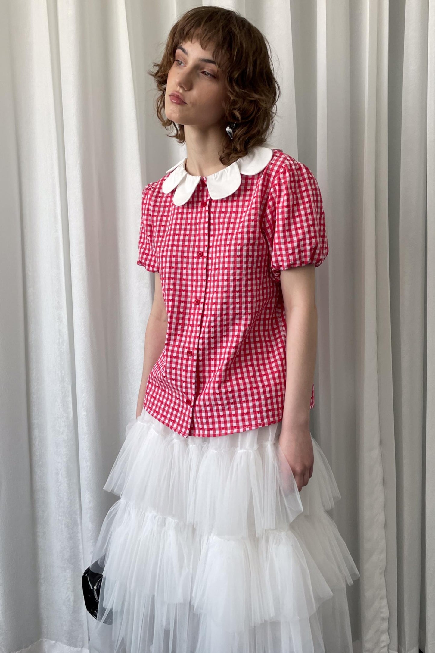 Red Plaid Lantern Sleeve Shirt