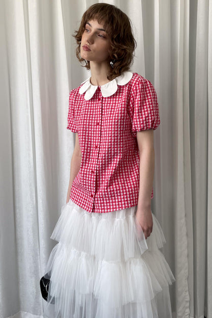 Red Plaid Lantern Sleeve Shirt